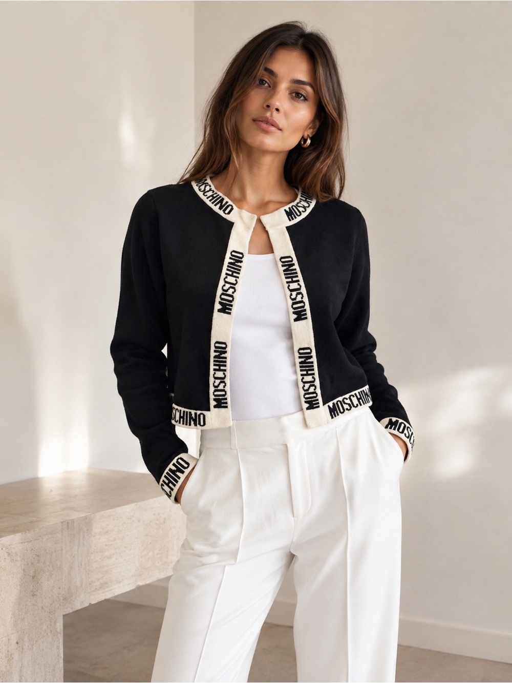 MOSCHINO Milano cashmere/wool Logo-Trim Cropped Cardigan size 10 NWOT